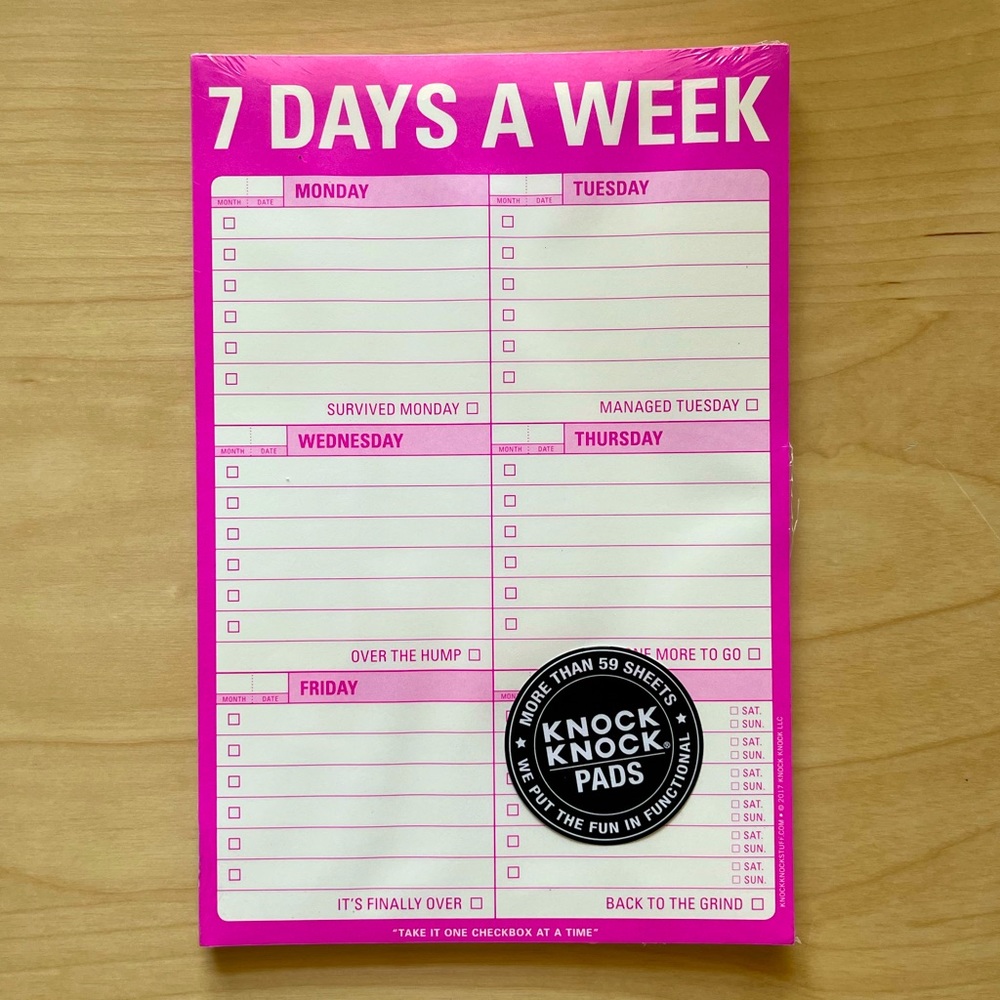 Knock Knock “7 Days a Week” 60 Sheet Productivity Hot Pink Notepad